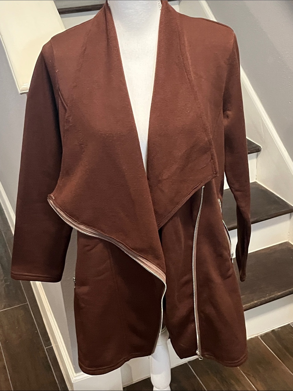 Fall Brown Open-Front Women's Jacket with Asymmetric Zip. Z Avenue USA  Sz XL